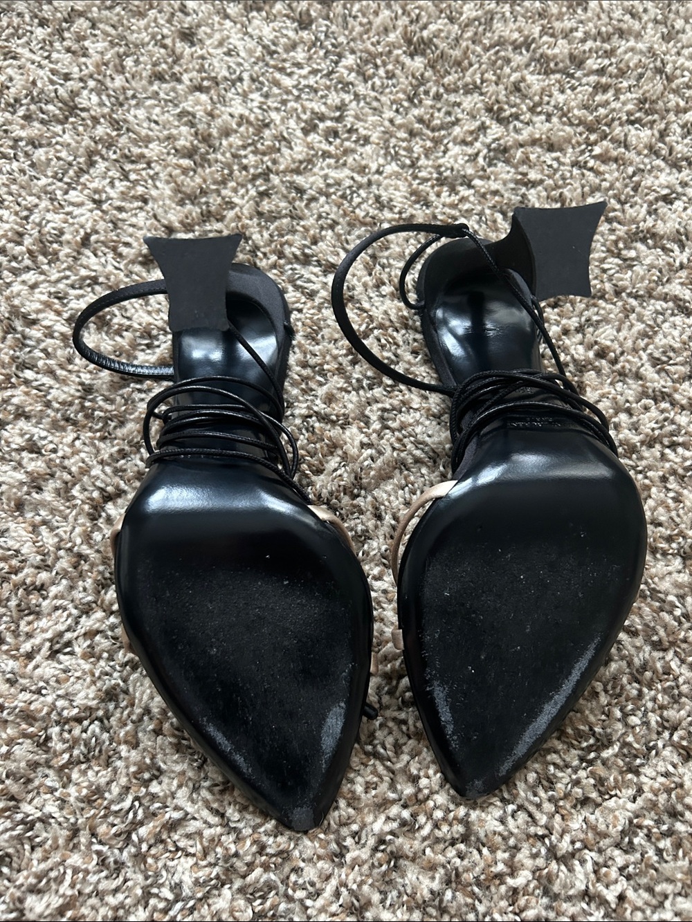 Saint Laurent Black and Beige Strappy Pointed-Toe Heels - Picture 2 of 3